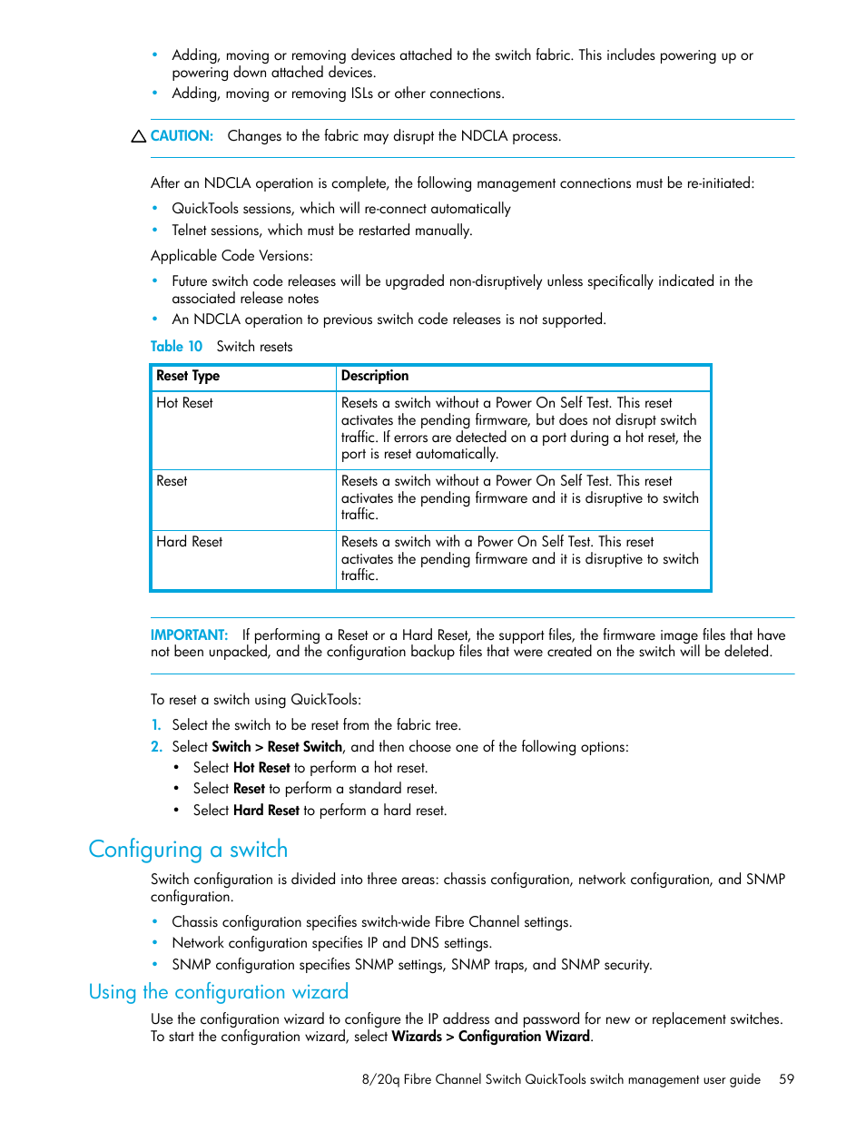 Table 10 switch resets, Configuring a switch, Using the configuration wizard | 10 switch resets | HP 8.20q Fibre Channel Switch User Manual | Page 59 / 108