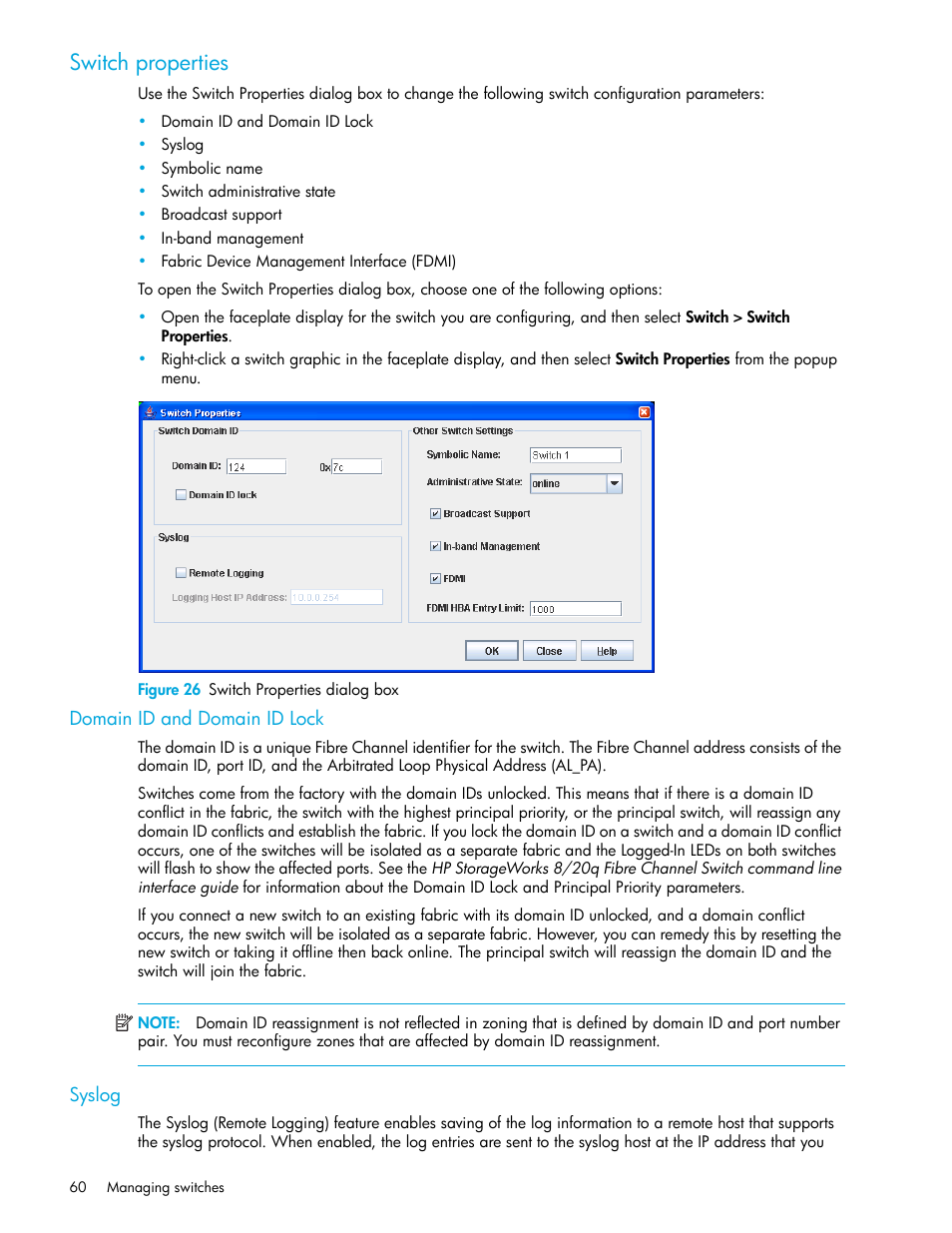 Switch properties, Figure 26 switch properties dialog box, Domain id and domain id lock | Syslog, 26 switch properties dialog box | HP 8.20q Fibre Channel Switch User Manual | Page 60 / 108