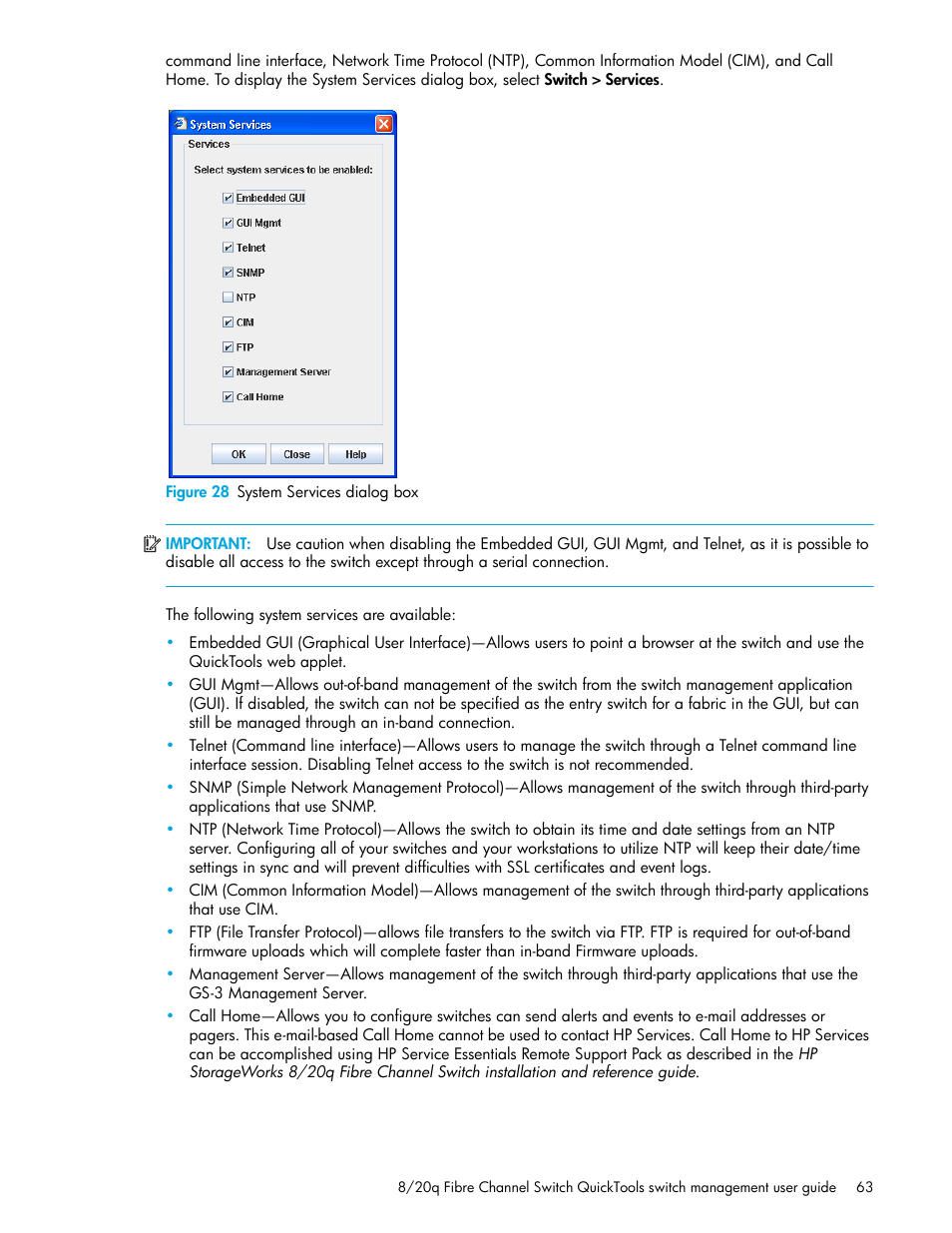 Figure 28 system services dialog box, 28 system services dialog box, Figure 28 | HP 8.20q Fibre Channel Switch User Manual | Page 63 / 108