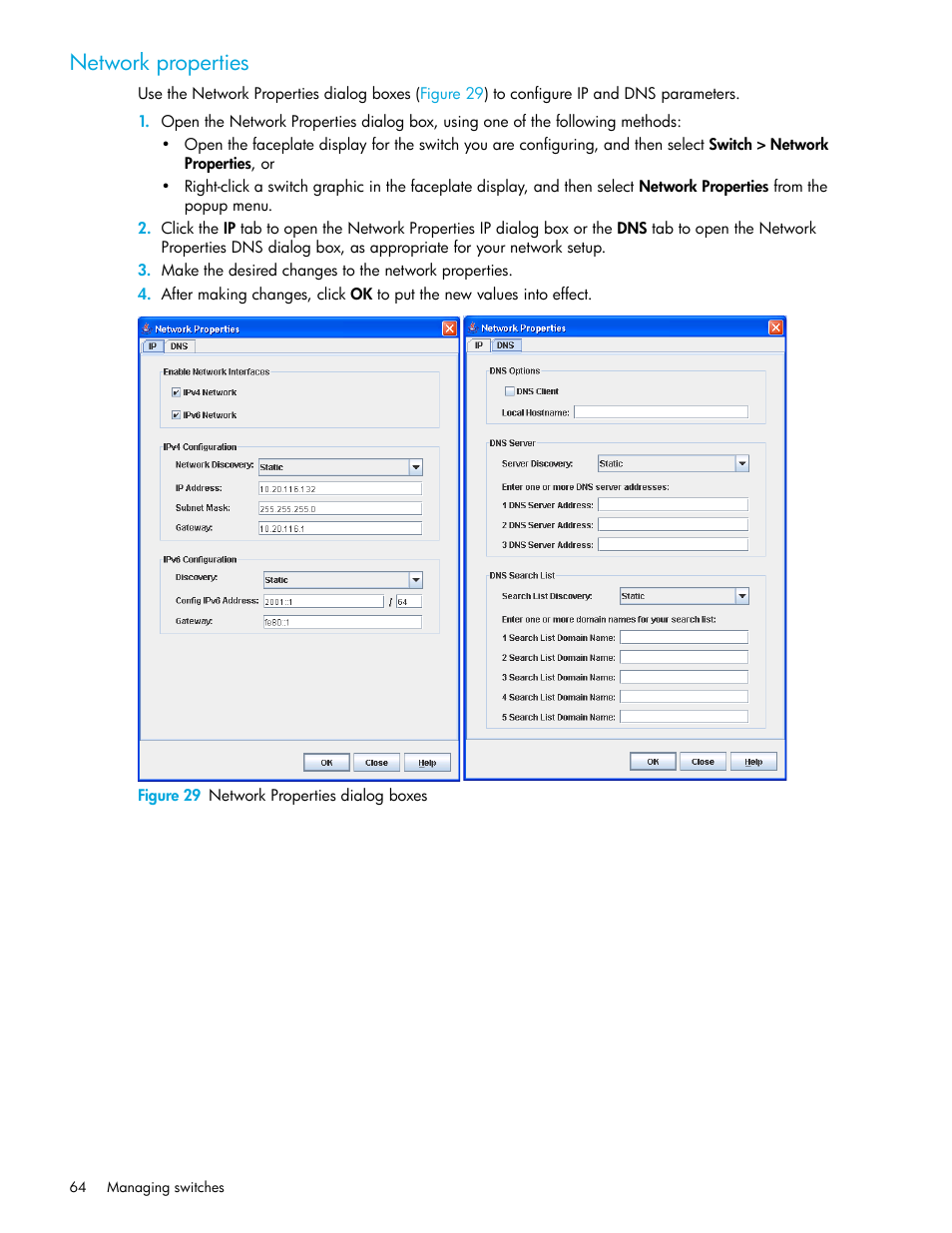 Network properties, Figure 29 network properties dialog boxes, 29 network properties dialog boxes | HP 8.20q Fibre Channel Switch User Manual | Page 64 / 108