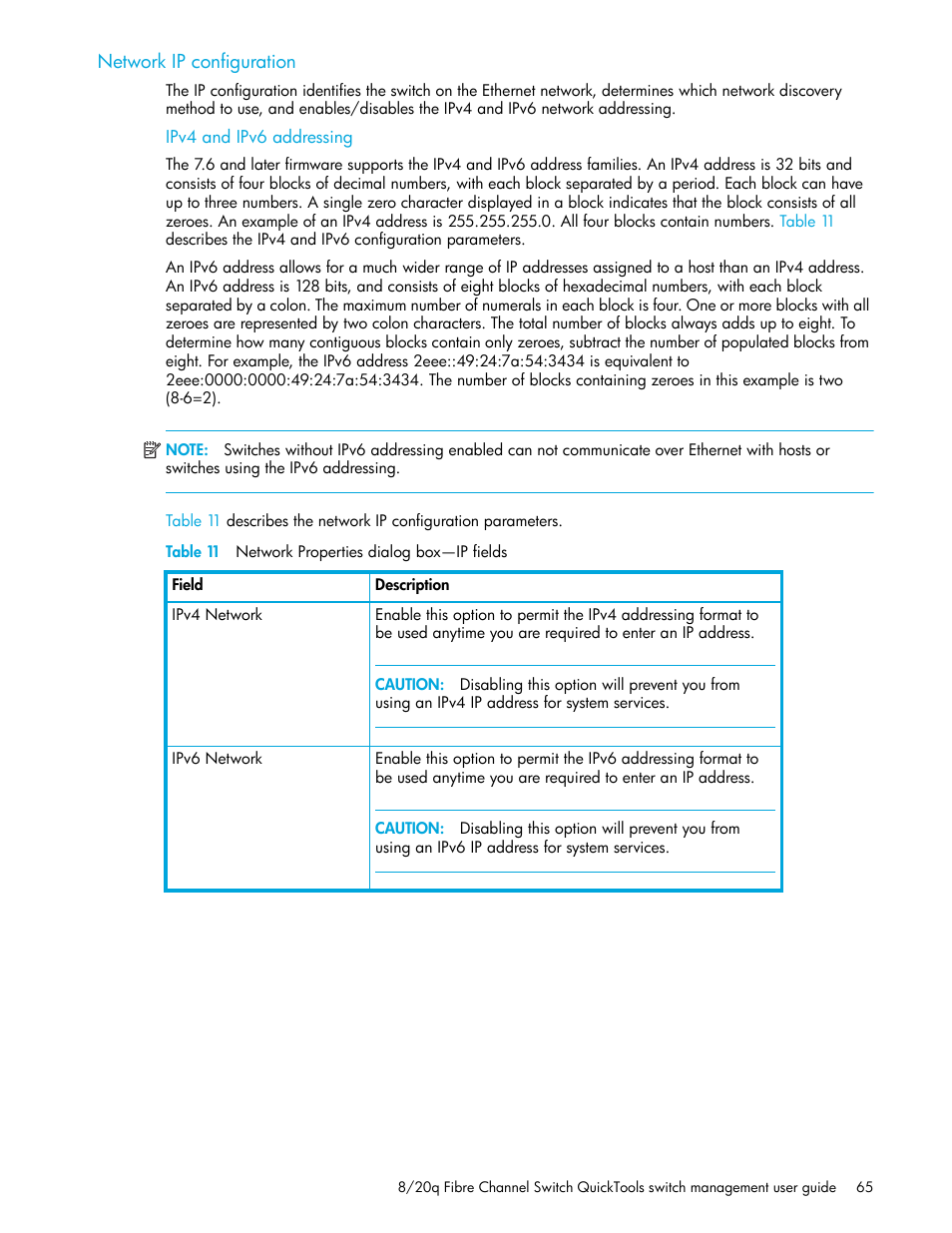 Network ip configuration, Ipv4 and ipv6 addressing, Table 11 network properties dialog box-ip fields | 11 network properties dialog box—ip fields | HP 8.20q Fibre Channel Switch User Manual | Page 65 / 108