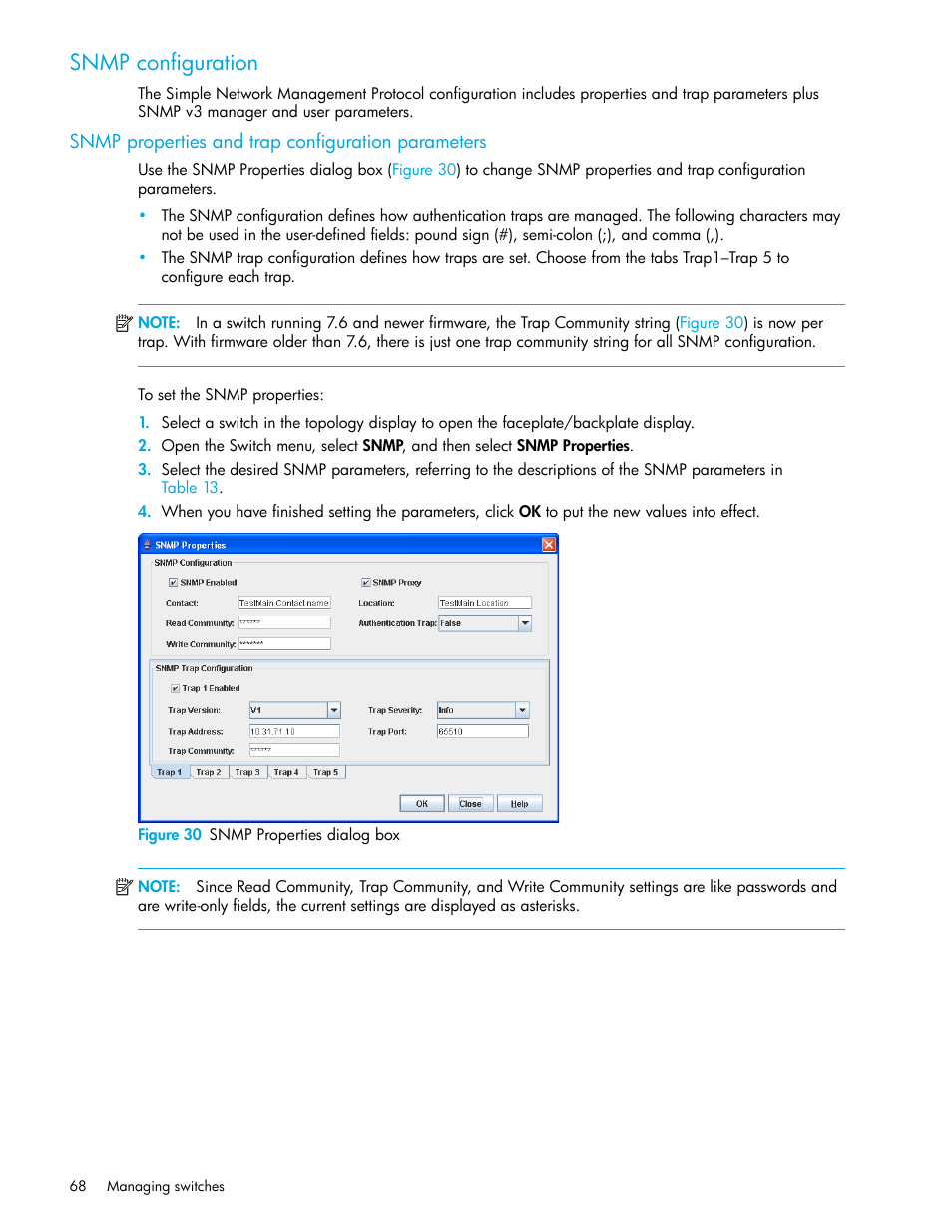 Snmp configuration, Snmp properties and trap configuration parameters, Figure 30 snmp properties dialog box | 30 snmp properties dialog box | HP 8.20q Fibre Channel Switch User Manual | Page 68 / 108