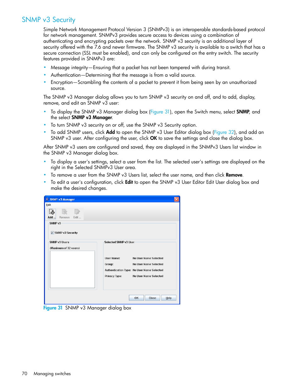 Snmp v3 security, Figure 31 snmp v3 manager dialog box, 31 snmp v3 manager dialog box | HP 8.20q Fibre Channel Switch User Manual | Page 70 / 108