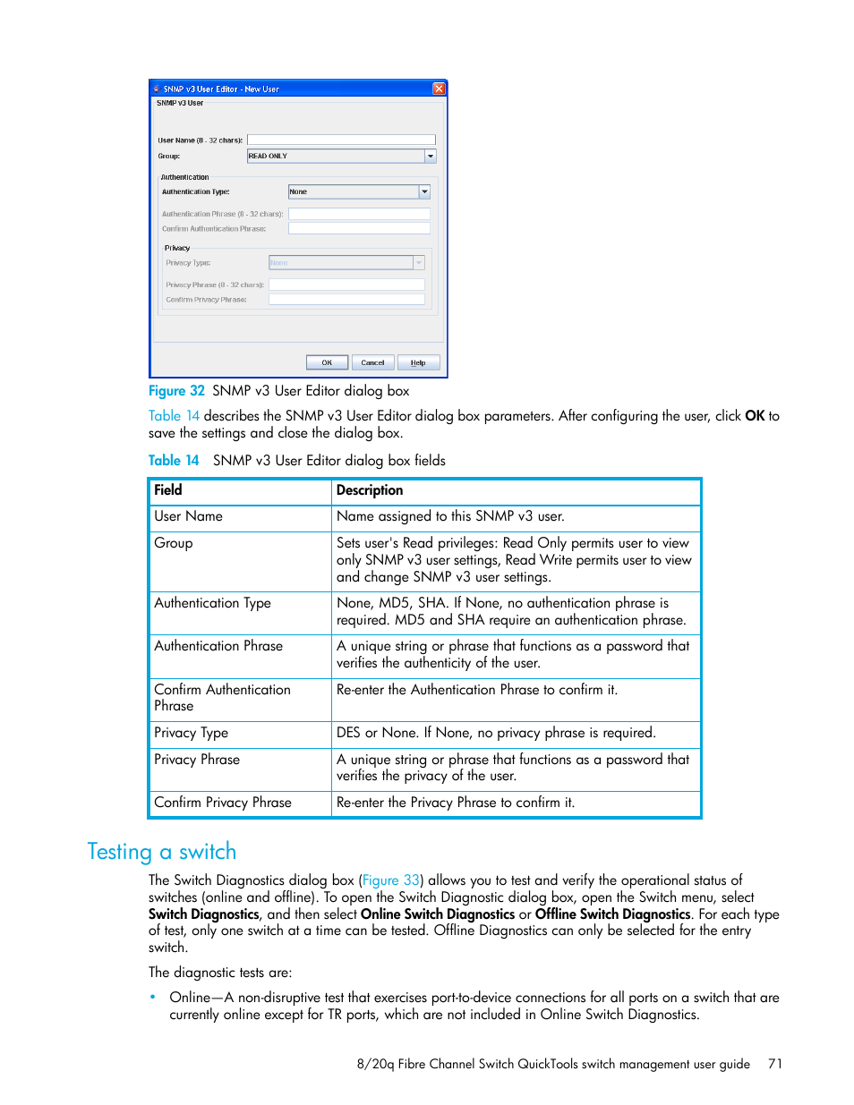 Figure 32 snmp v3 user editor dialog box, Table 14 snmp v3 user editor dialog box fields, Testing a switch | 32 snmp v3 user editor dialog box, 14 snmp v3 user editor dialog box fields, Figure 32 | HP 8.20q Fibre Channel Switch User Manual | Page 71 / 108