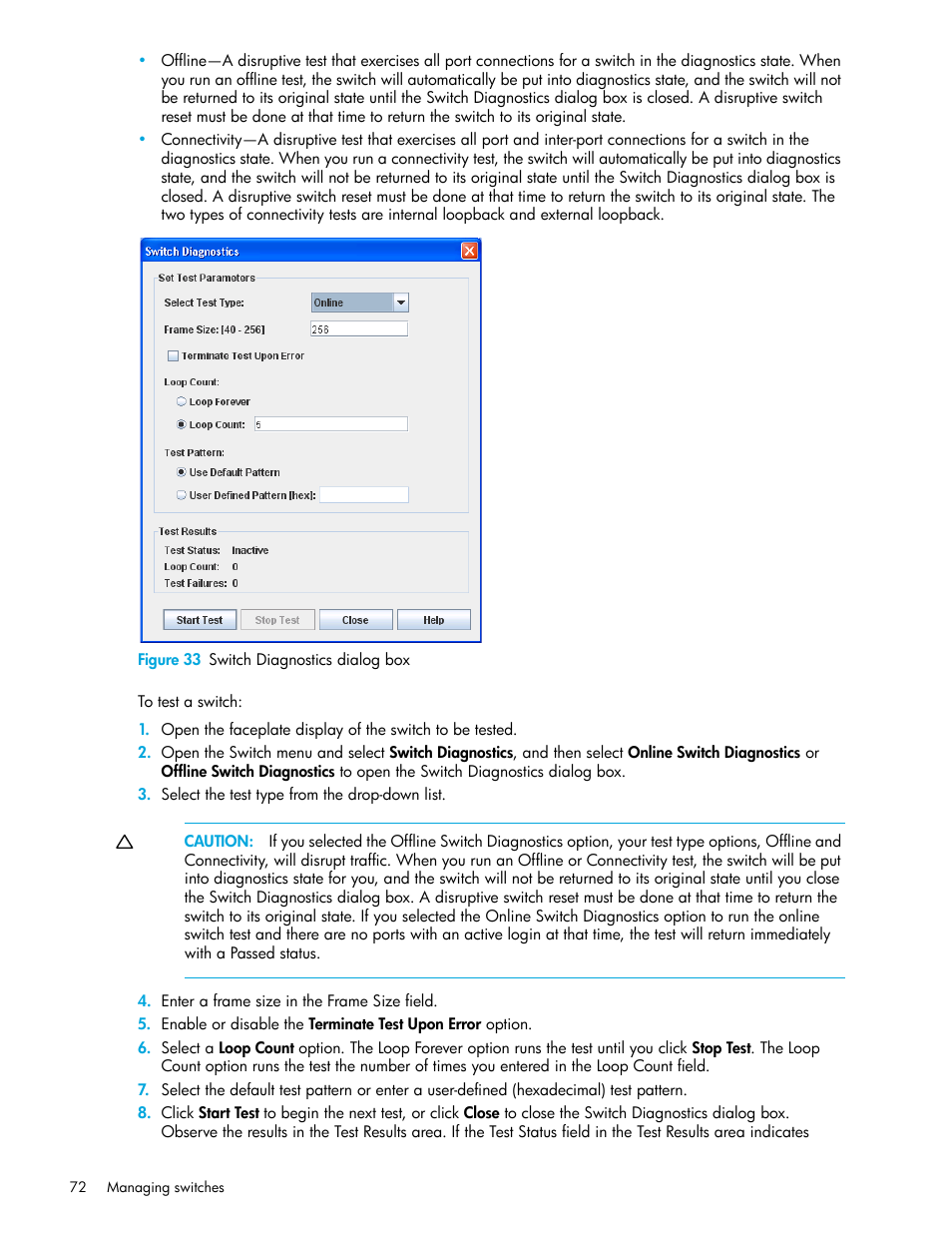 Figure 33 switch diagnostics dialog box, 33 switch diagnostics dialog box, Figure 33 | HP 8.20q Fibre Channel Switch User Manual | Page 72 / 108