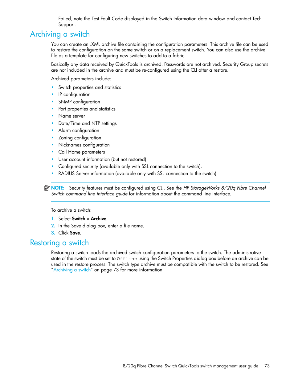 Archiving a switch, Restoring a switch | HP 8.20q Fibre Channel Switch User Manual | Page 73 / 108