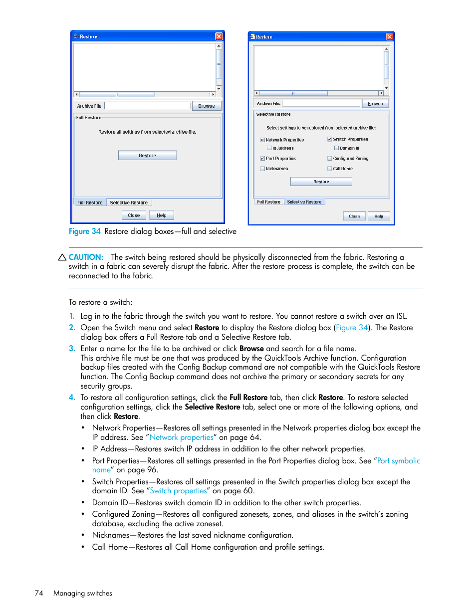 Figure 34 restore dialog boxes-full and selective, 34 restore dialog boxes—full and selective | HP 8.20q Fibre Channel Switch User Manual | Page 74 / 108