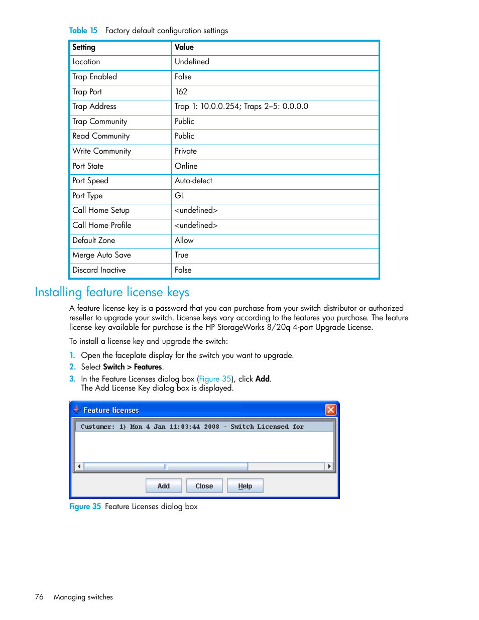 Installing feature license keys, Figure 35 feature licenses dialog box, 35 feature licenses dialog box | HP 8.20q Fibre Channel Switch User Manual | Page 76 / 108