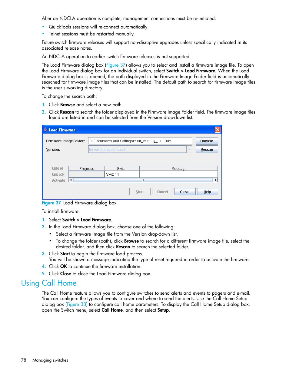 Figure 37 load firmware dialog box, Using call home, 37 load firmware dialog box | HP 8.20q Fibre Channel Switch User Manual | Page 78 / 108