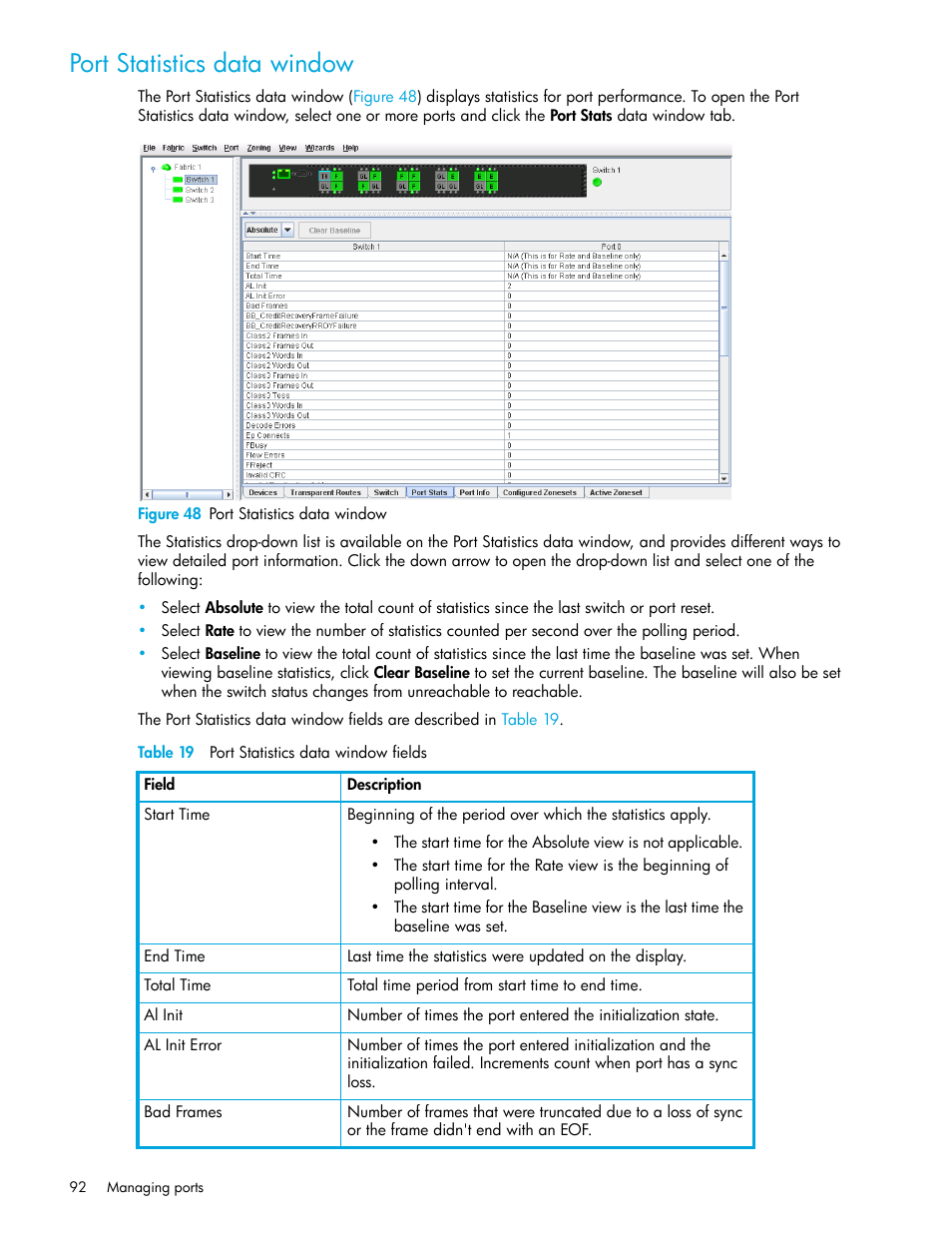 Port statistics data window, Figure 48 port statistics data window, Table 19 port statistics data window fields | 48 port statistics data window, 19 port statistics data window fields | HP 8.20q Fibre Channel Switch User Manual | Page 92 / 108