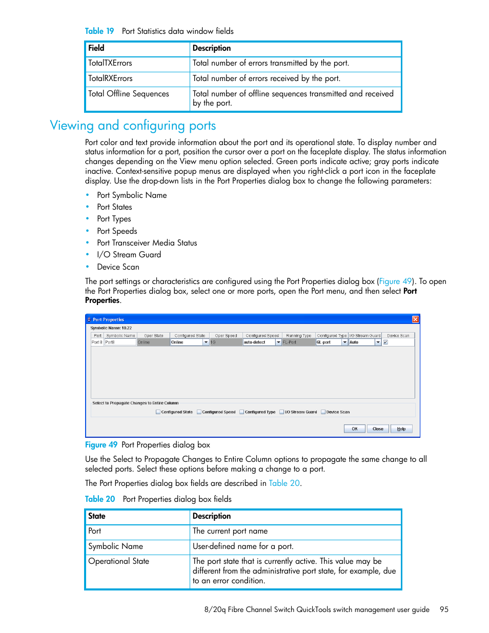 Viewing and configuring ports, Figure 49 port properties dialog box, Table 20 port properties dialog box fields | 49 port properties dialog box, 20 port properties dialog box fields | HP 8.20q Fibre Channel Switch User Manual | Page 95 / 108