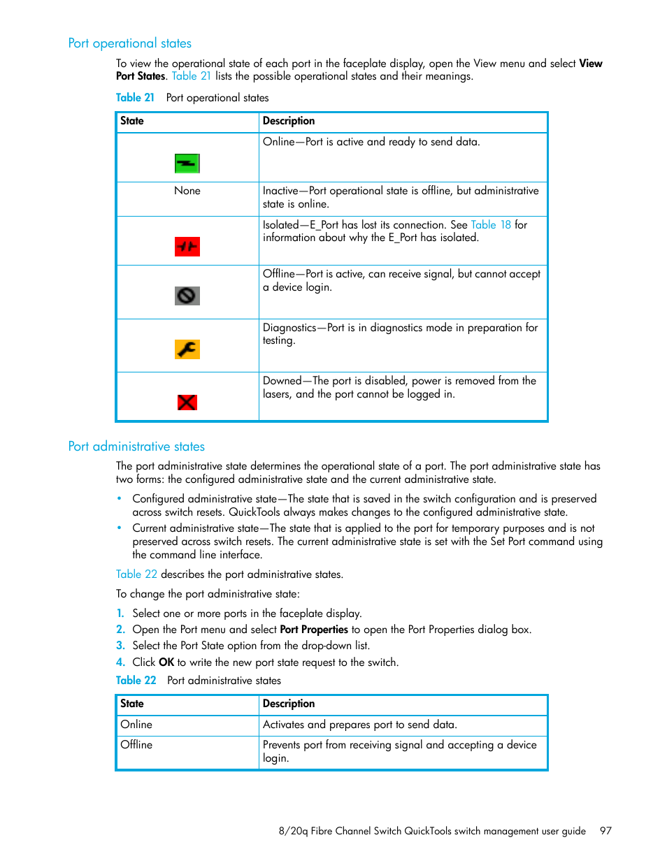 Port operational states, Table 21 port operational states, Port administrative states | Table 22 port administrative states, 21 port operational states, 22 port administrative states, Port, Operational states | HP 8.20q Fibre Channel Switch User Manual | Page 97 / 108