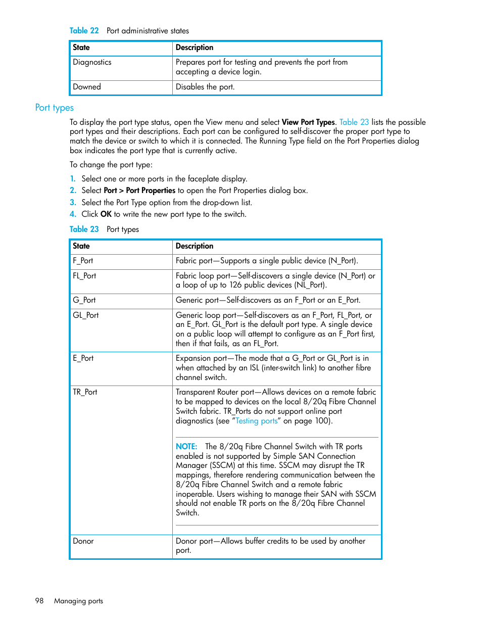 Port types, Table 23 port types, 23 port types | HP 8.20q Fibre Channel Switch User Manual | Page 98 / 108