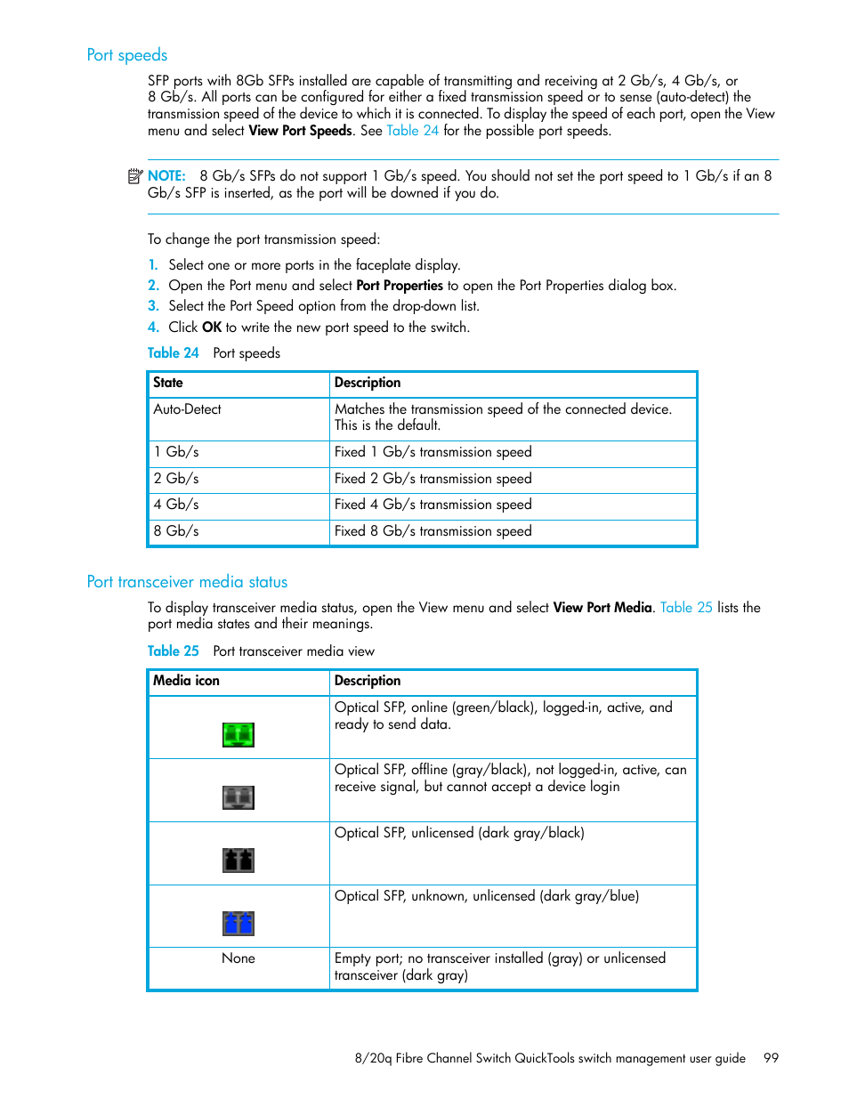 Port speeds, Table 24 port speeds, Port transceiver media status | Table 25 port transceiver media view, 24 port speeds, 25 port transceiver media view | HP 8.20q Fibre Channel Switch User Manual | Page 99 / 108