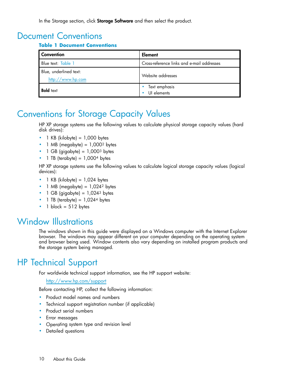 Document conventions, Conventions for storage capacity values, Window illustrations | Hp technical support | HP XP20000XP24000 Disk Array User Manual | Page 10 / 110