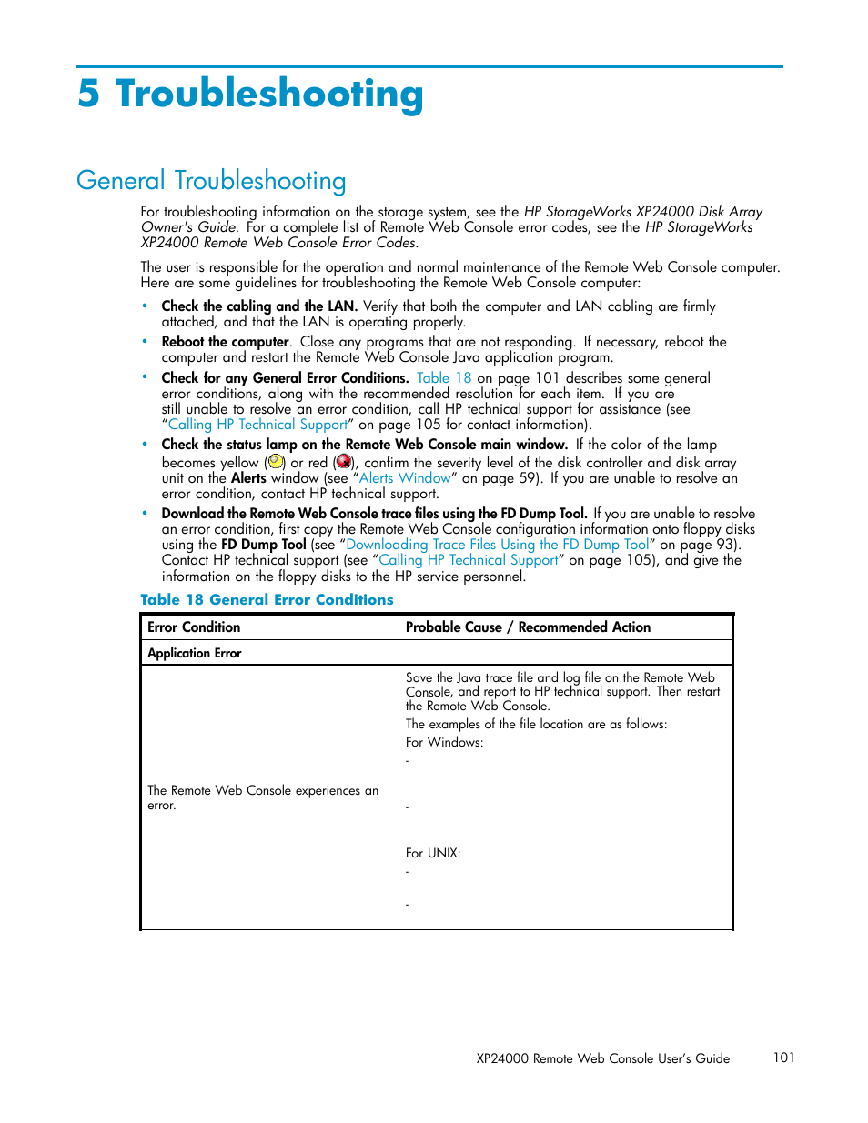 5 troubleshooting, General troubleshooting, General error conditions | Troubleshooting | HP XP20000XP24000 Disk Array User Manual | Page 101 / 110