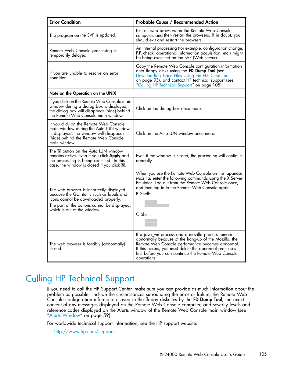 Calling hp technical support | HP XP20000XP24000 Disk Array User Manual | Page 105 / 110