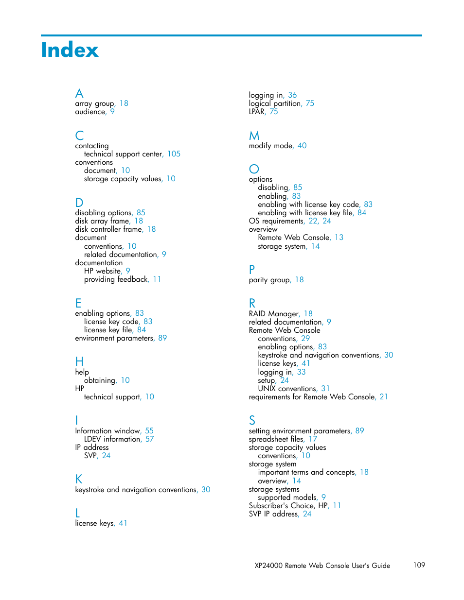 Index | HP XP20000XP24000 Disk Array User Manual | Page 109 / 110