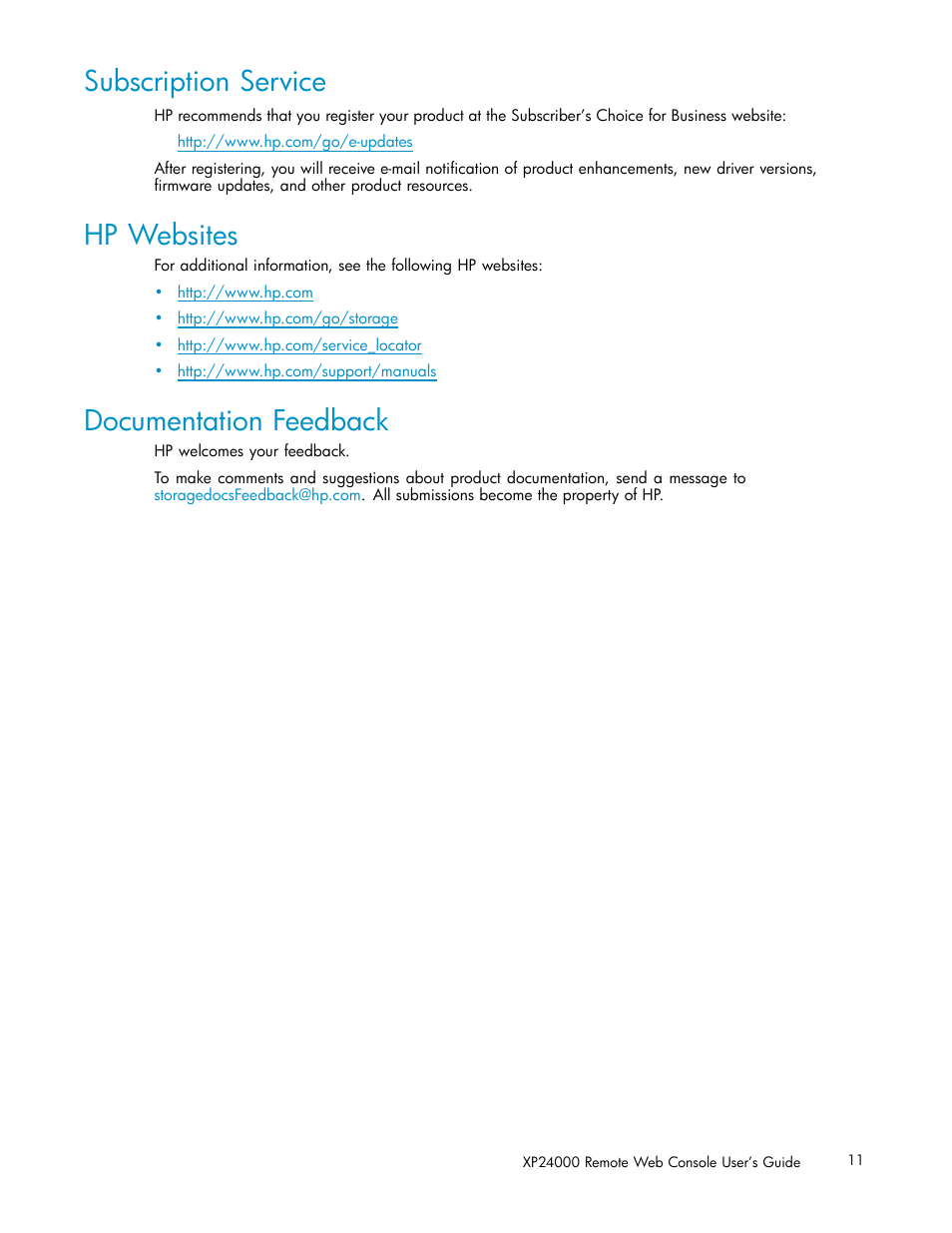 Subscription service, Hp websites, Documentation feedback | HP XP20000XP24000 Disk Array User Manual | Page 11 / 110