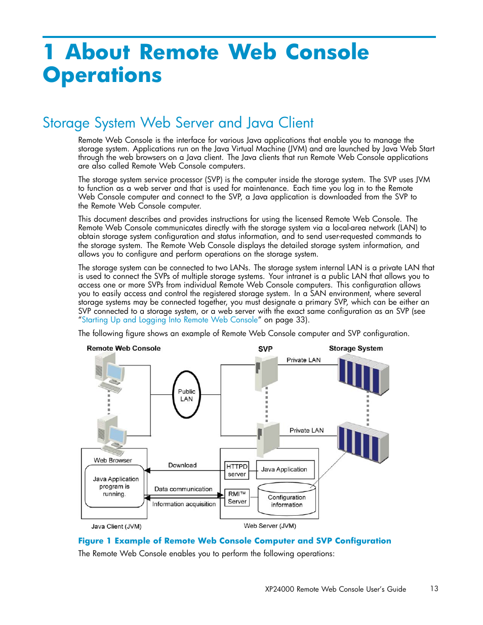 1 about remote web console operations, Storage system web server and java client | HP XP20000XP24000 Disk Array User Manual | Page 13 / 110