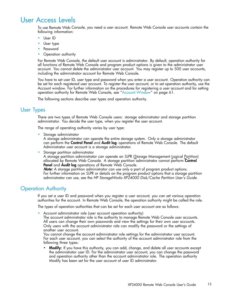 User access levels, User types, Operation authority | HP XP20000XP24000 Disk Array User Manual | Page 15 / 110