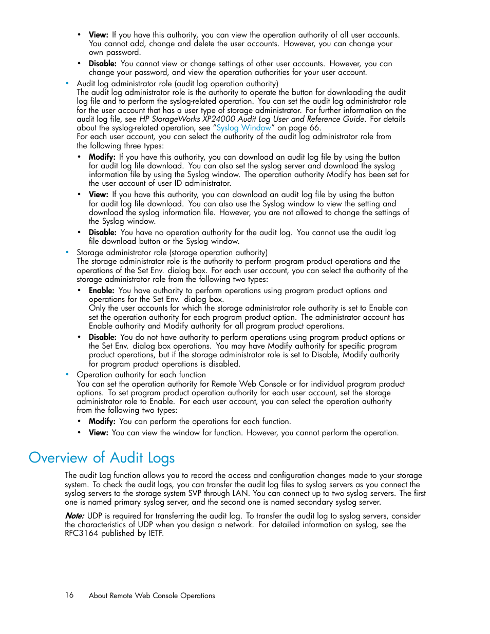 Overview of audit logs | HP XP20000XP24000 Disk Array User Manual | Page 16 / 110