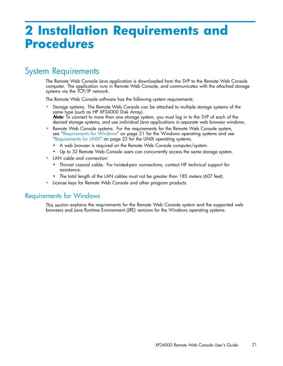 2 installation requirements and procedures, System requirements, Requirements for windows | HP XP20000XP24000 Disk Array User Manual | Page 21 / 110