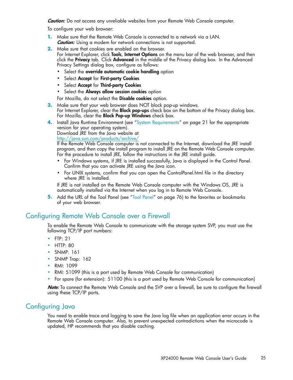 Conﬁguring remote web console over a firewall, Conﬁguring java | HP XP20000XP24000 Disk Array User Manual | Page 25 / 110