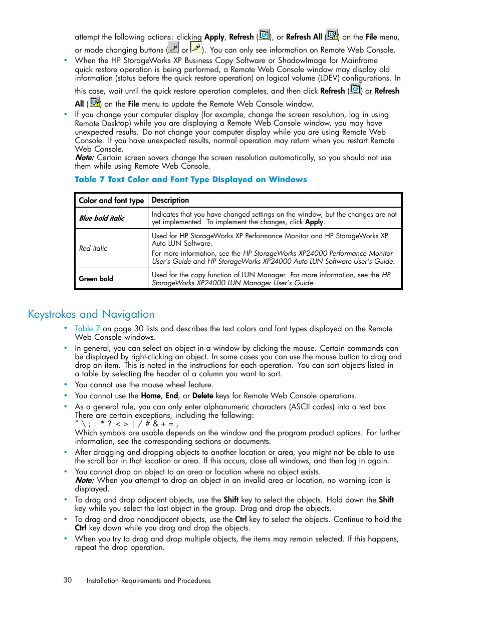 Keystrokes and navigation, Text color and font type displayed on windows | HP XP20000XP24000 Disk Array User Manual | Page 30 / 110