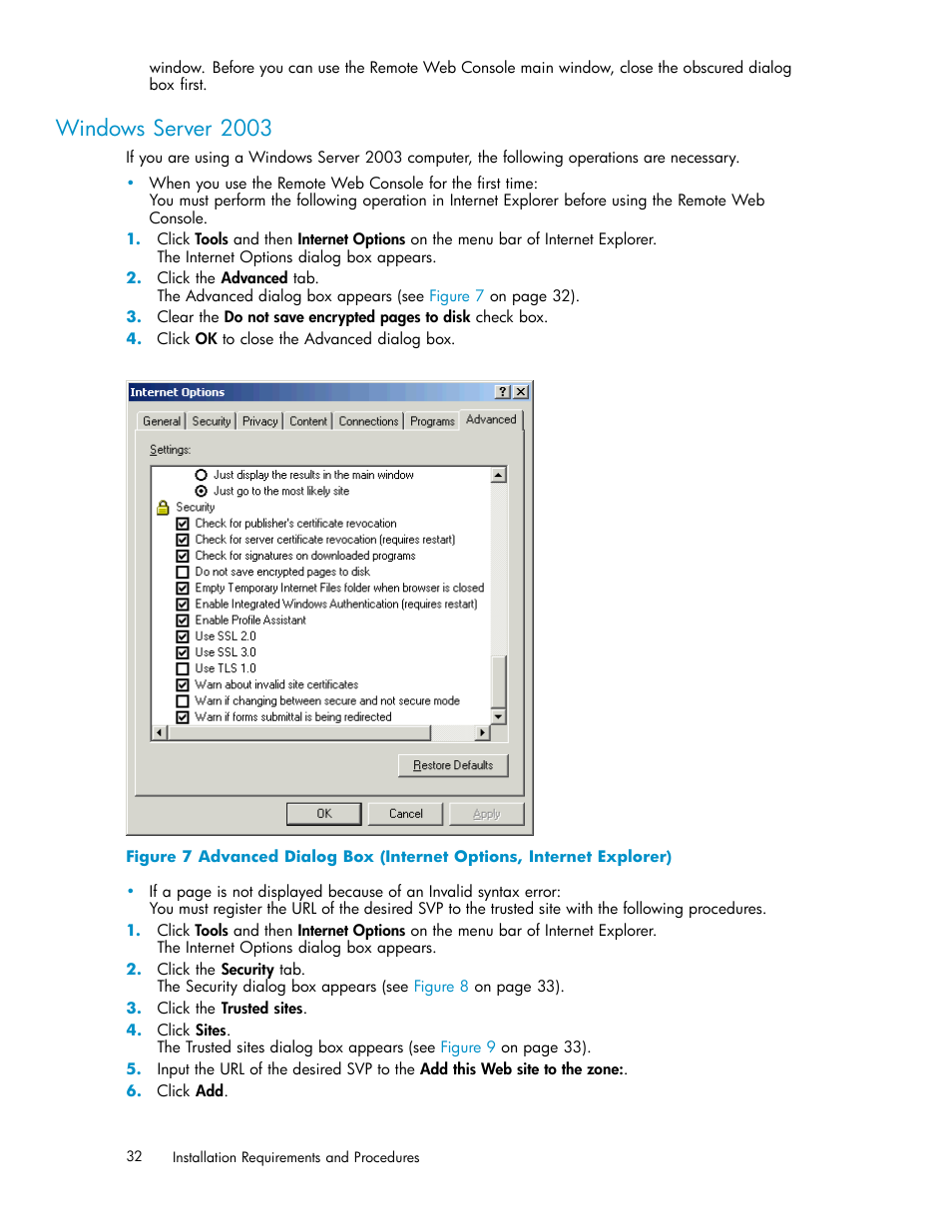 Windows server 2003, 7 advanced dialo, G box (internet options, internet explorer) | HP XP20000XP24000 Disk Array User Manual | Page 32 / 110