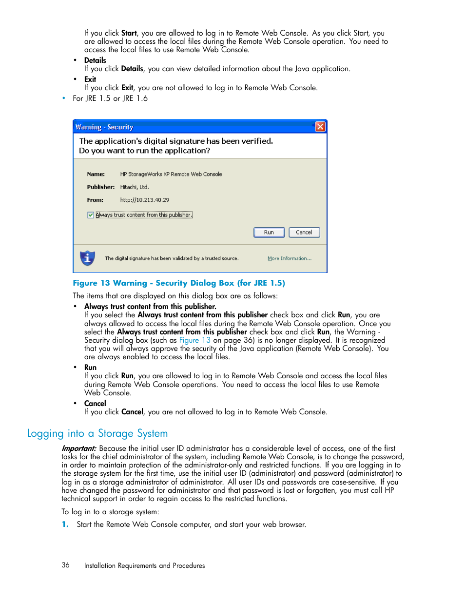 Logging into a storage system, 13 warning - security dialog box (for jre 1.5) | HP XP20000XP24000 Disk Array User Manual | Page 36 / 110