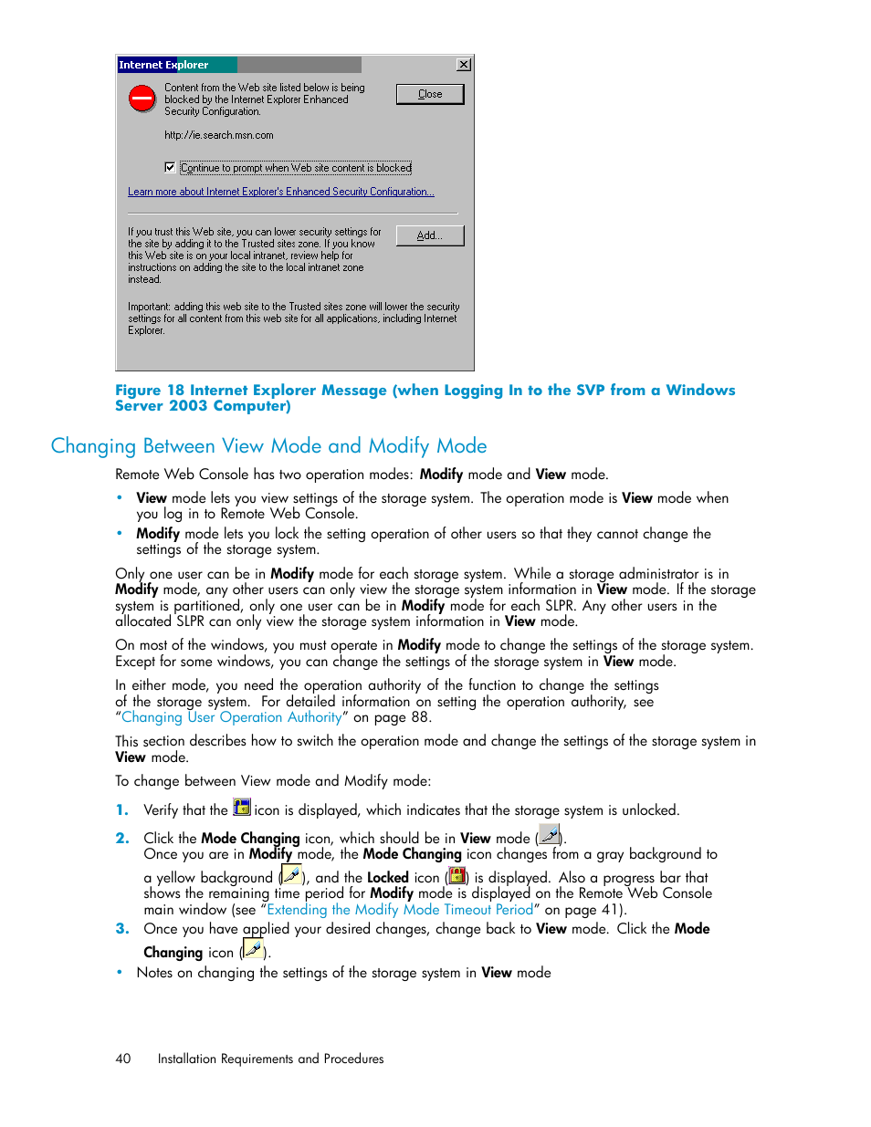 Changing between view mode and modify mode, Computer), Figure 18 | HP XP20000XP24000 Disk Array User Manual | Page 40 / 110