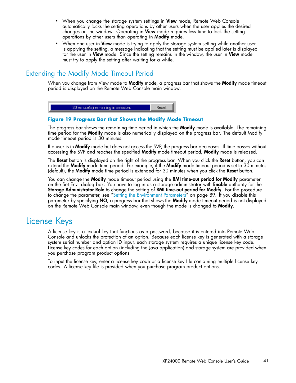 License keys, Extending the modify mode timeout period, 19 progress bar that shows the modify mode timeout | HP XP20000XP24000 Disk Array User Manual | Page 41 / 110