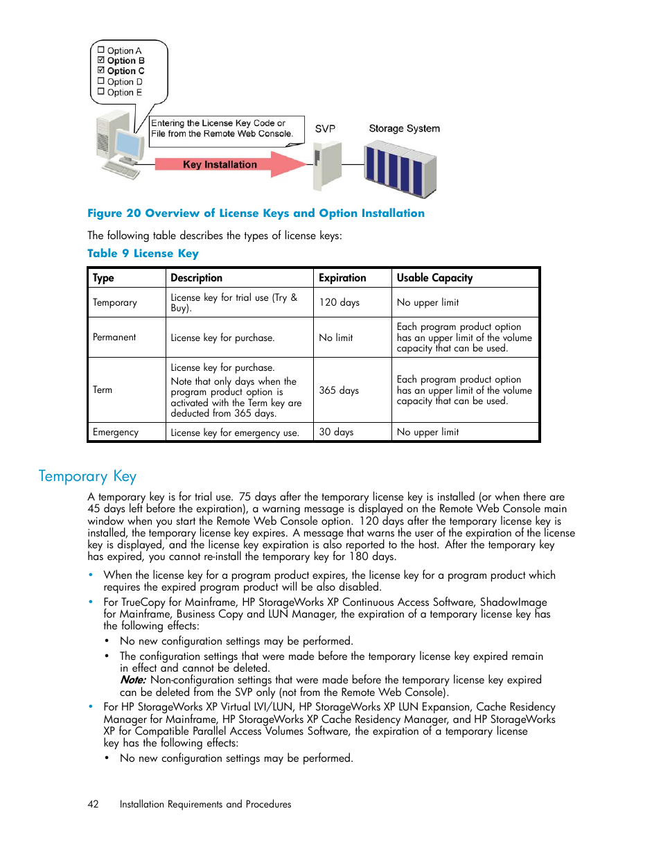 Temporary key, License key | HP XP20000XP24000 Disk Array User Manual | Page 42 / 110