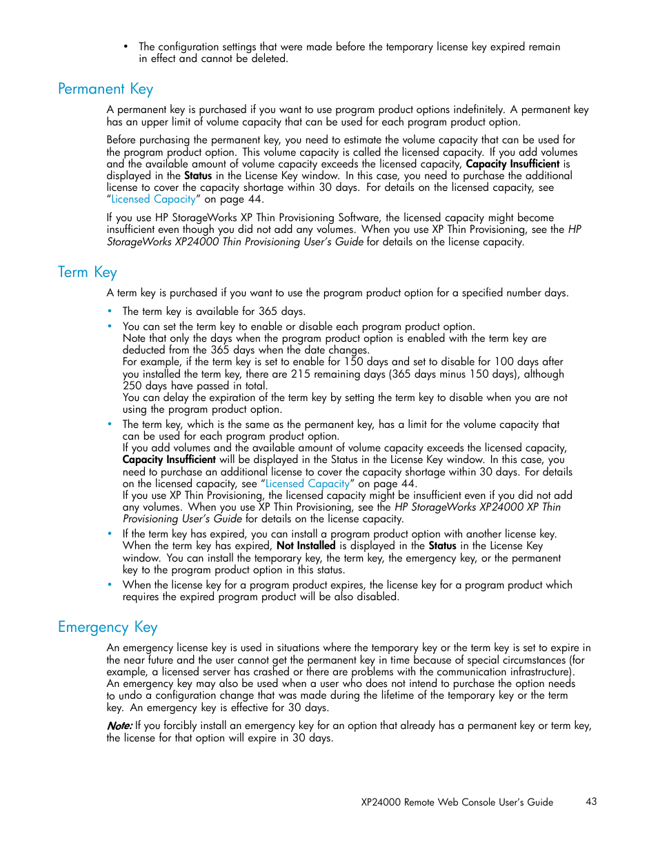 Permanent key, Term key, Emergency key | HP XP20000XP24000 Disk Array User Manual | Page 43 / 110