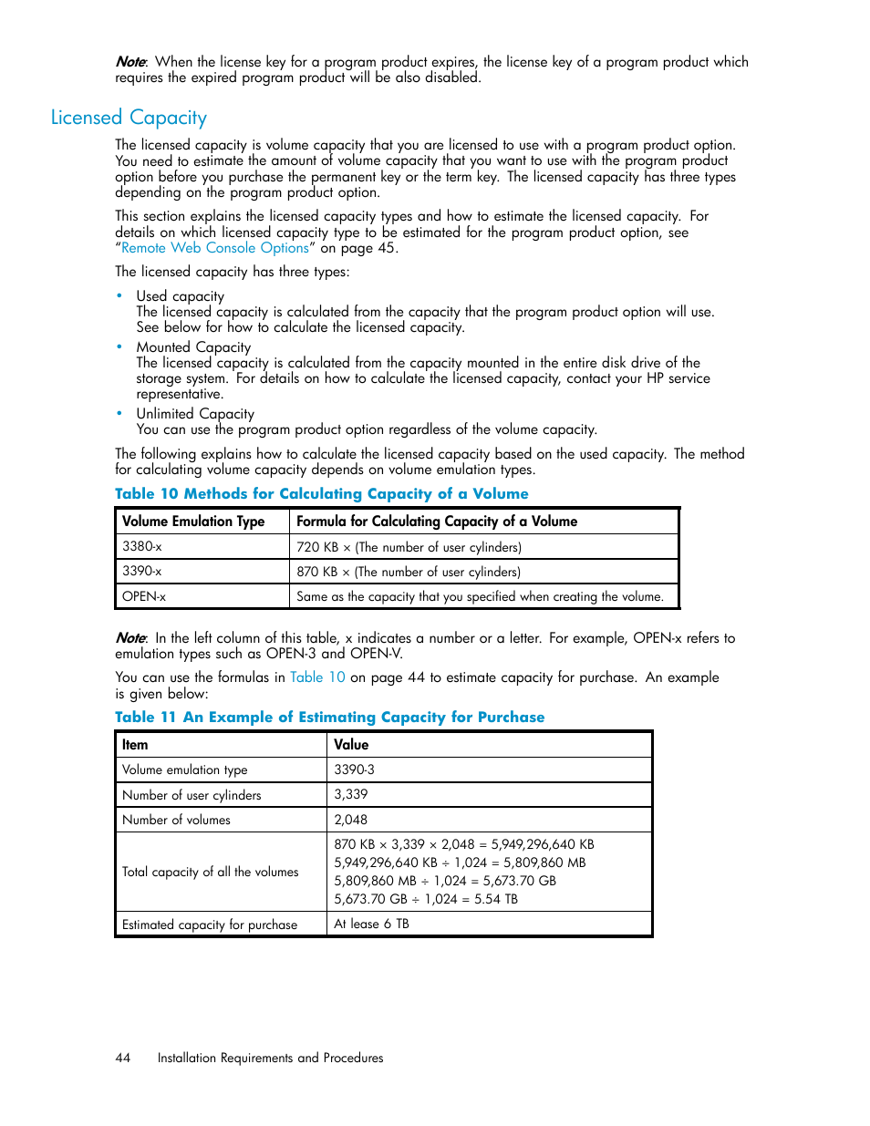 Licensed capacity, Methods for calculating capacity of a volume, An example of estimating capacity for purchase | HP XP20000XP24000 Disk Array User Manual | Page 44 / 110