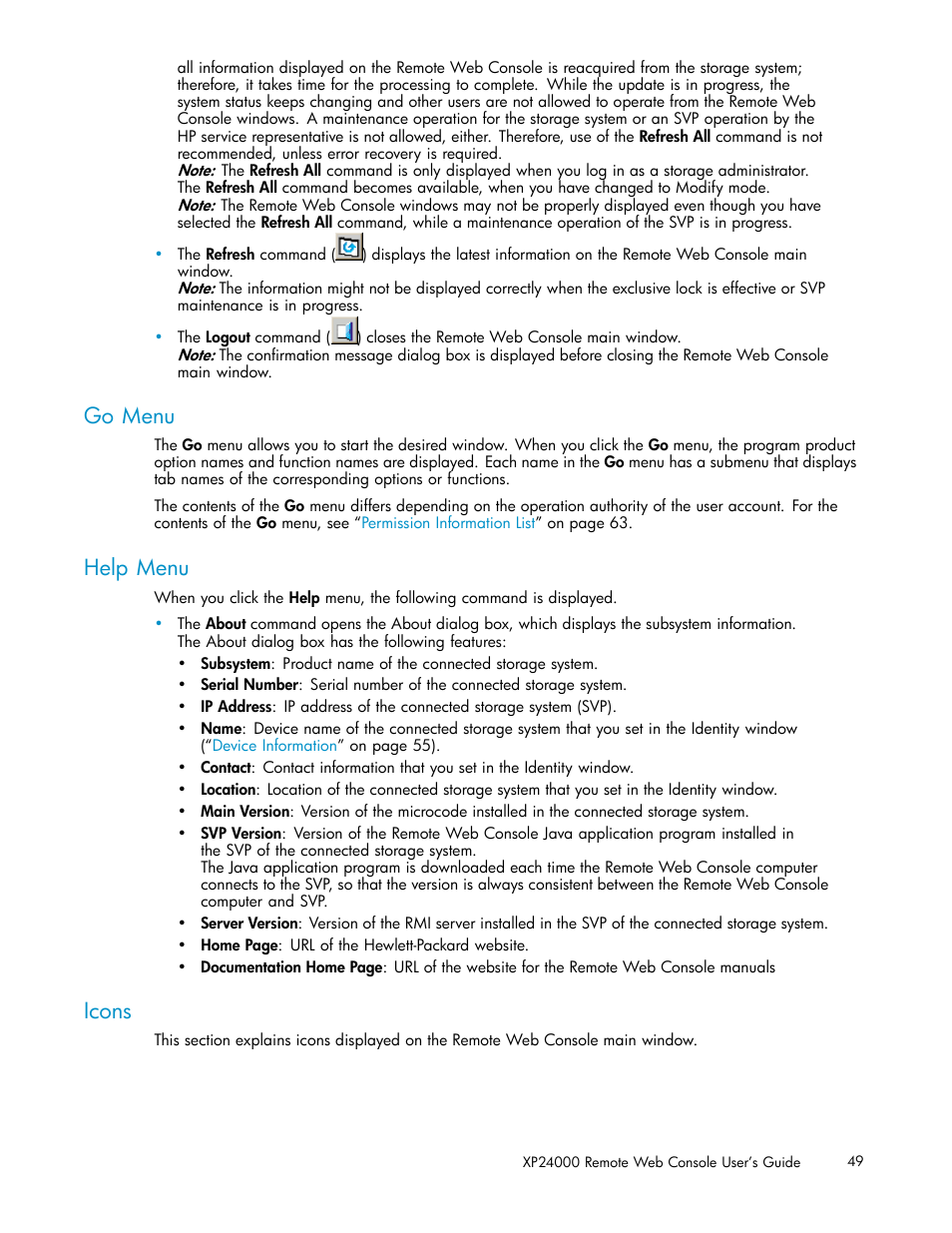 Go menu, Help menu, Icons | HP XP20000XP24000 Disk Array User Manual | Page 49 / 110