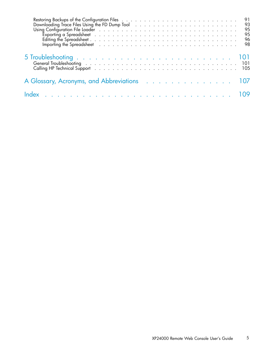 5 troubleshooting, A glossary, acronyms, and abbreviations index | HP XP20000XP24000 Disk Array User Manual | Page 5 / 110