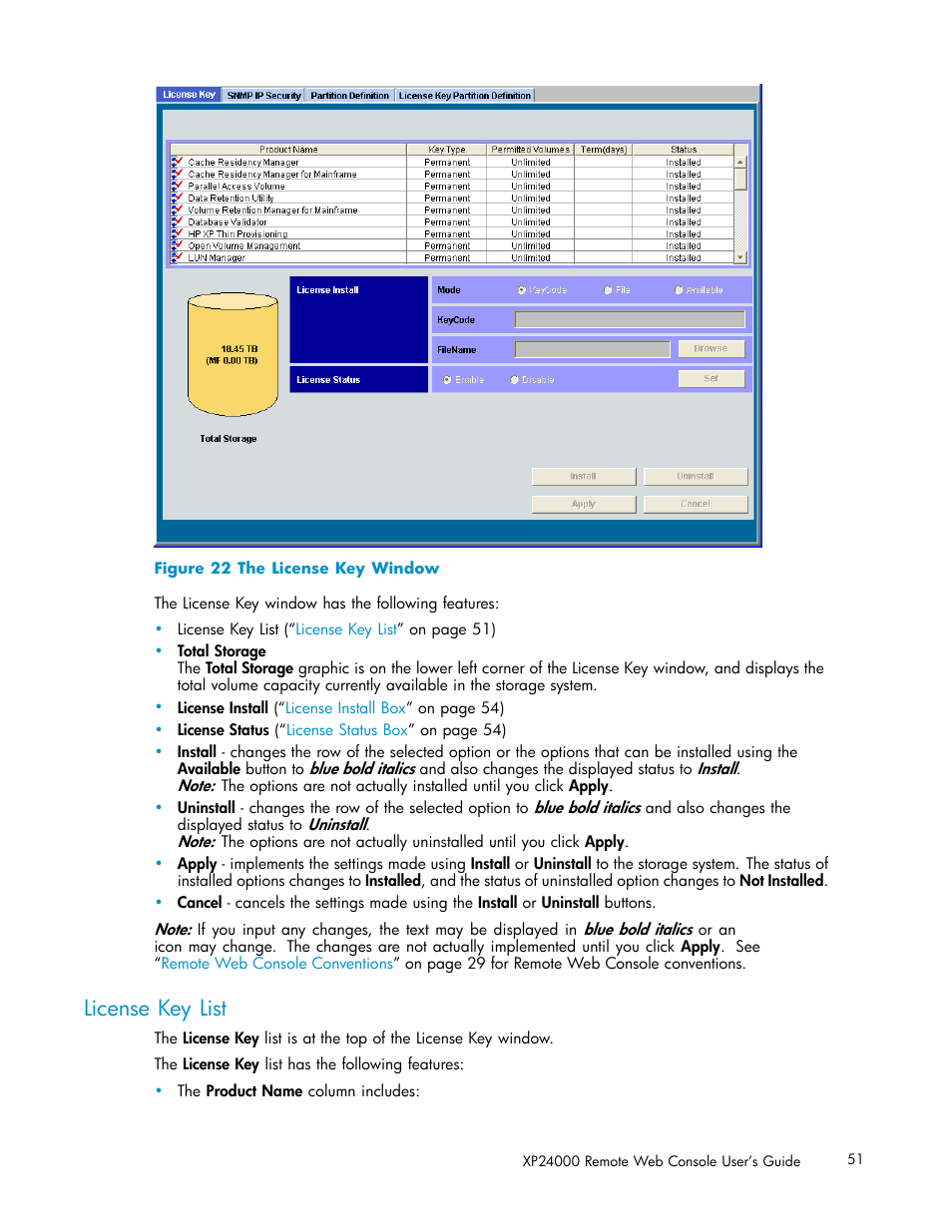 License key list, 22 the license key window | HP XP20000XP24000 Disk Array User Manual | Page 51 / 110