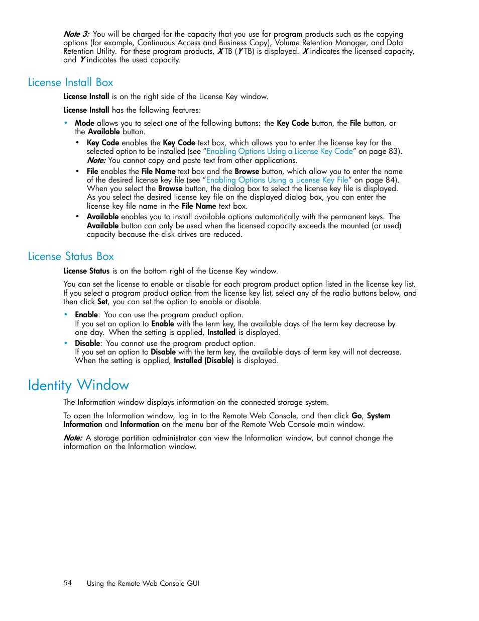 Identity window, License install box, License status box | HP XP20000XP24000 Disk Array User Manual | Page 54 / 110