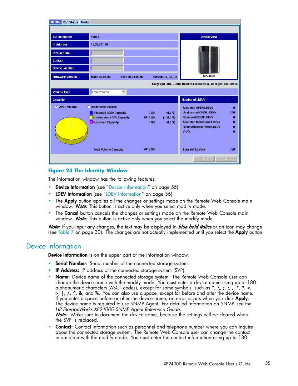 Device information, 23 the identity window | HP XP20000XP24000 Disk Array User Manual | Page 55 / 110