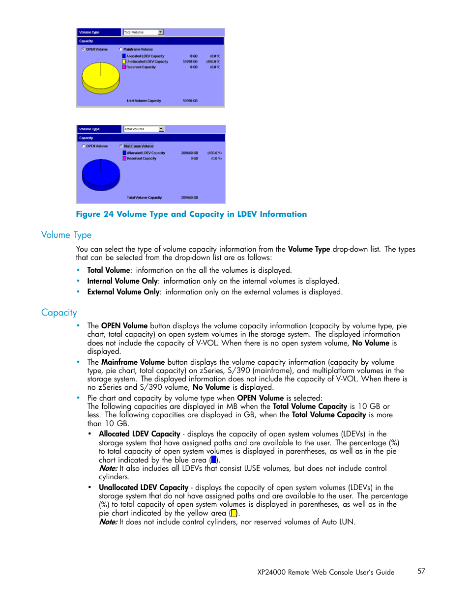 Volume type, Capacity, 24 volume type and capacity in ldev information | HP XP20000XP24000 Disk Array User Manual | Page 57 / 110