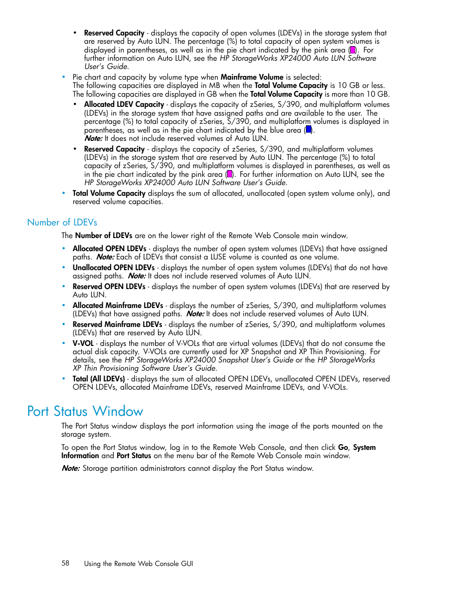 Port status window, Number of ldevs | HP XP20000XP24000 Disk Array User Manual | Page 58 / 110