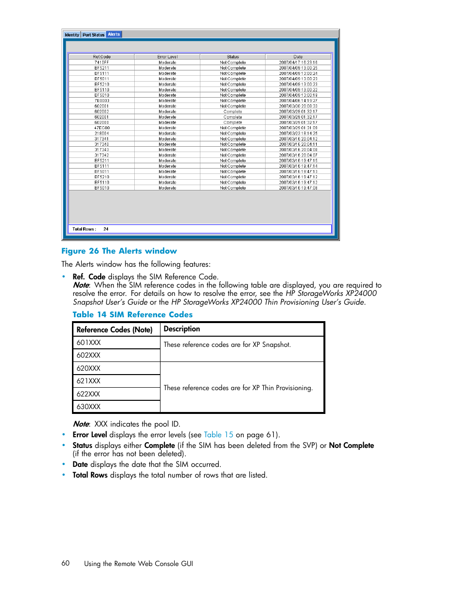 26 the alerts window, Sim reference codes | HP XP20000XP24000 Disk Array User Manual | Page 60 / 110