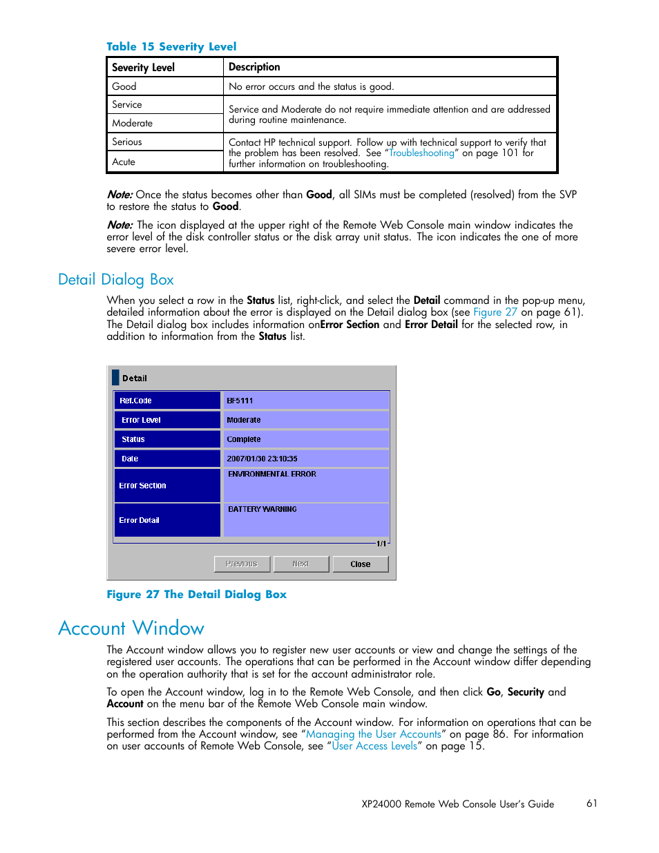 Account window, Detail dialog box, 27 the detail dialog box | Severity level | HP XP20000XP24000 Disk Array User Manual | Page 61 / 110