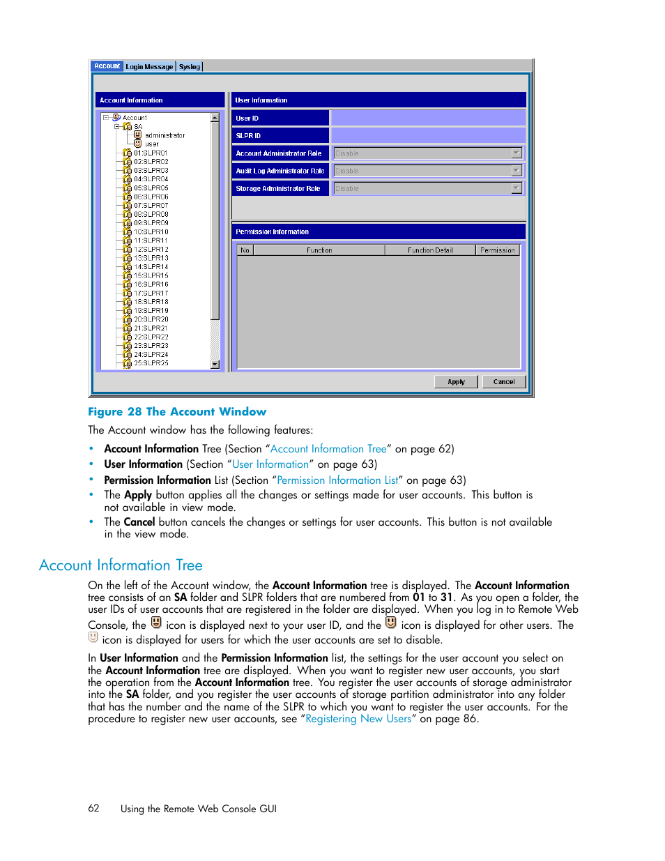 Account information tree, 28 the account window | HP XP20000XP24000 Disk Array User Manual | Page 62 / 110