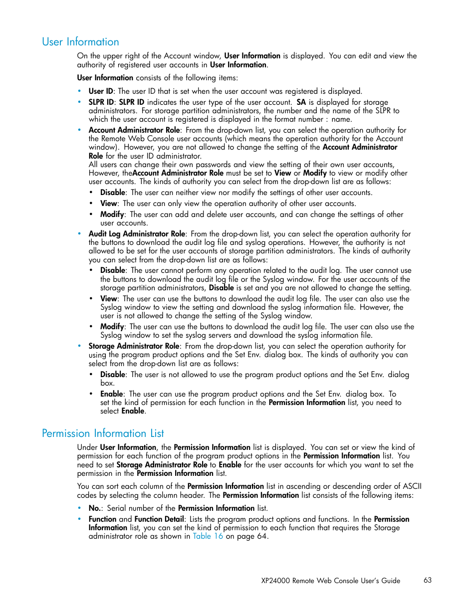 User information, Permission information list | HP XP20000XP24000 Disk Array User Manual | Page 63 / 110