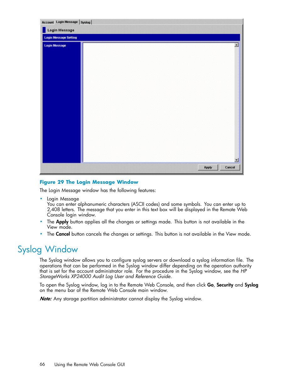 Syslog window, 29 the login message window | HP XP20000XP24000 Disk Array User Manual | Page 66 / 110