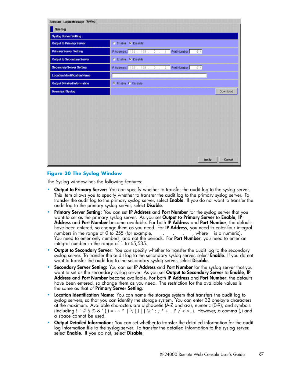 30 the syslog window | HP XP20000XP24000 Disk Array User Manual | Page 67 / 110