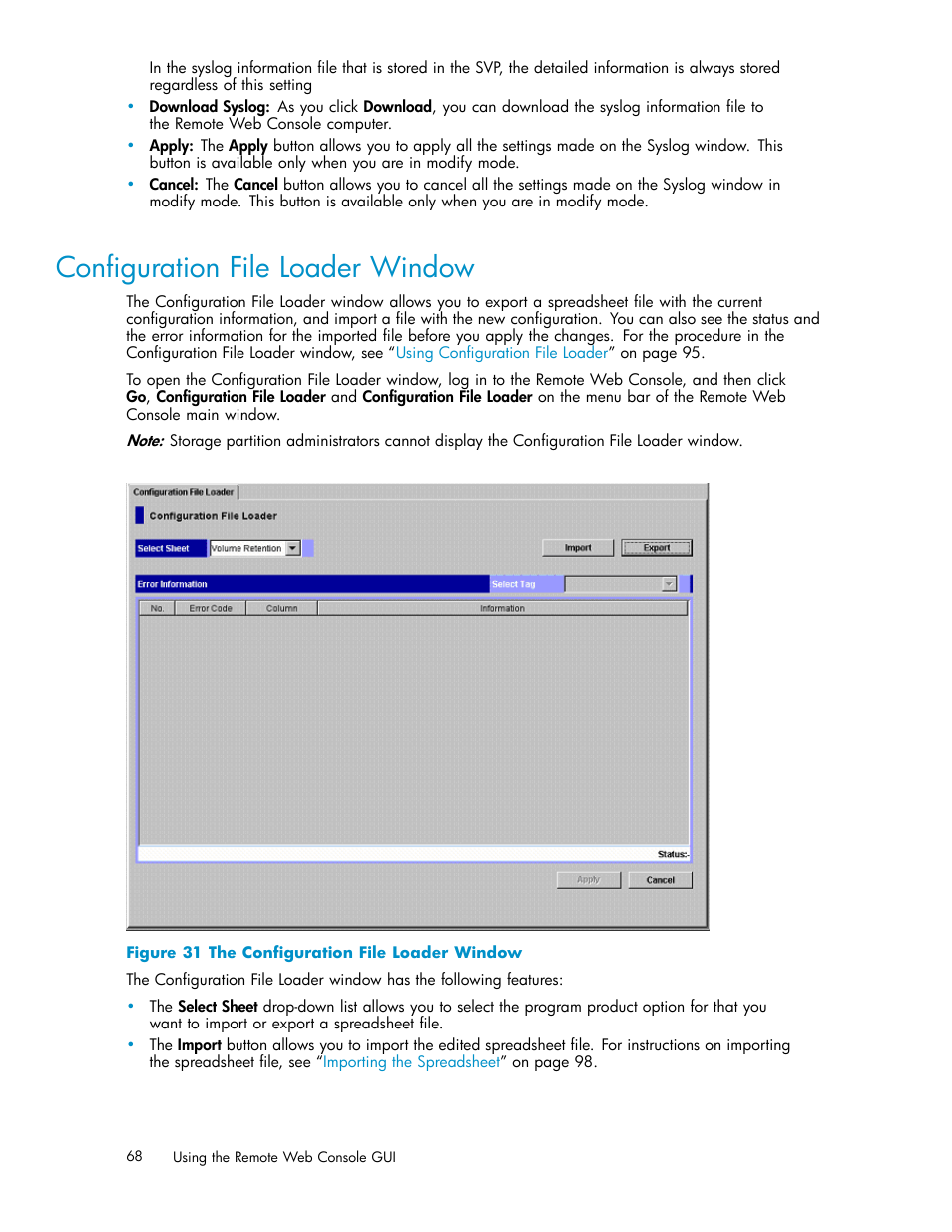 Conﬁguration file loader window, 31 the conﬁguration file loader window | HP XP20000XP24000 Disk Array User Manual | Page 68 / 110